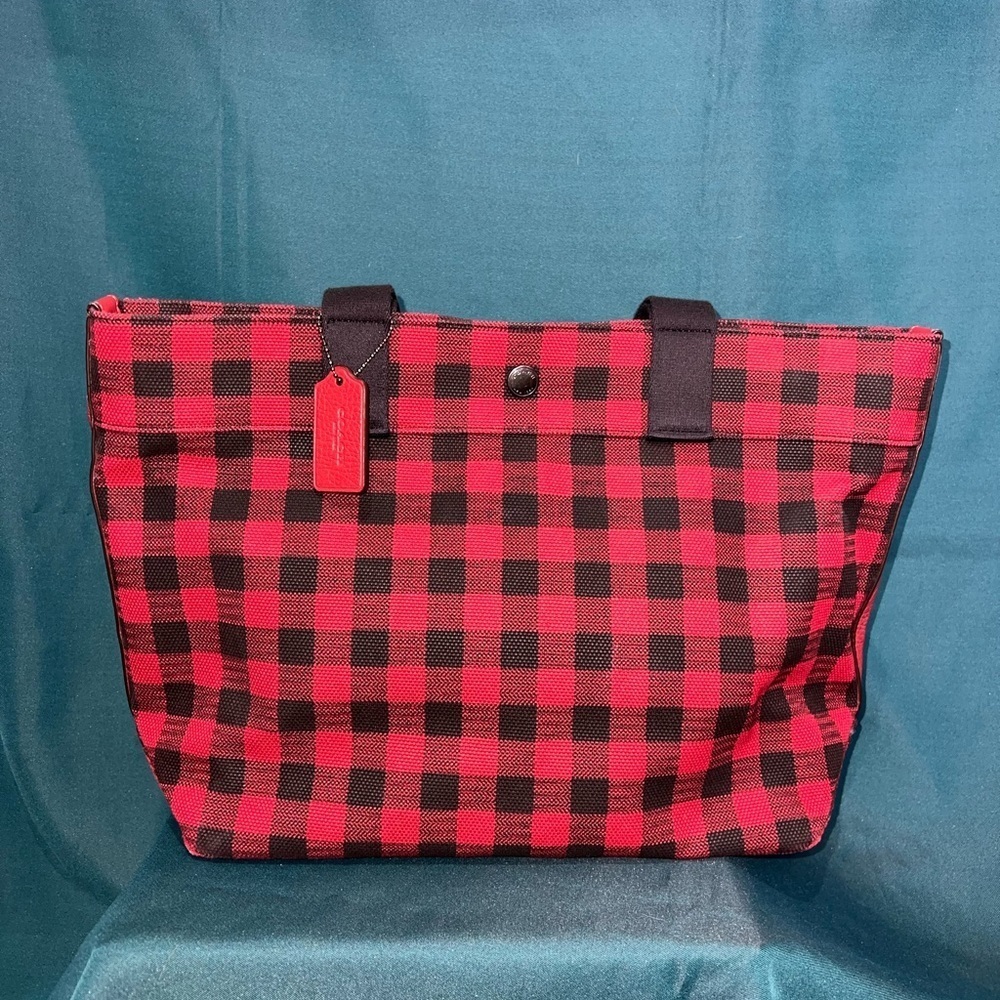 Coach F39848 Large Plaid Gingham Tote Bag Red Black Canvas